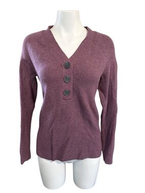 Denver Hayes Womens Ribbed V-Neck Button Sweater-mottled plum, sz M